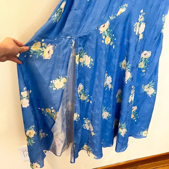 LoveShackFancy Brinda Blue Satin Floral Formal Tie Back Halter Maxi Dress Gown - Picture 3 of 11